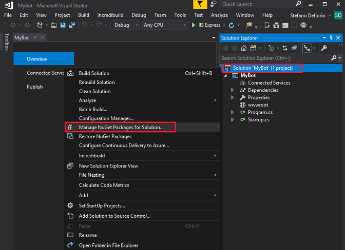 Screenshot that shows the opened solution with 'MyBot' and 'Manage NuGet Packages for Solution' highlighted.