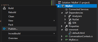 Captura de tela que mostra o menu suspenso do projeto 'MyBot' após um clique com o botão direito do mouse.