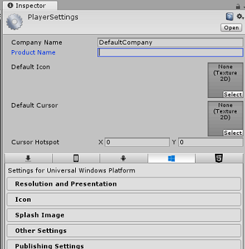 Captura de tela que mostra a janela Configurações de Build na guia Inspetor.
