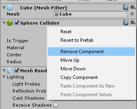 Captura de tela do menu Colisor do Sphere. A opção Remover componente está selecionada.