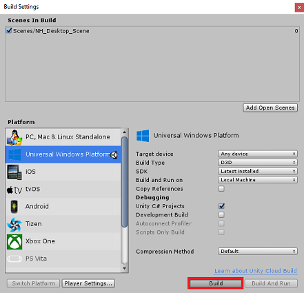 Captura de tela que mostra a janela Configurações de Build com Plataforma Universal do Windows selecionado e o botão 'Compilar' realçado no canto inferior direito.