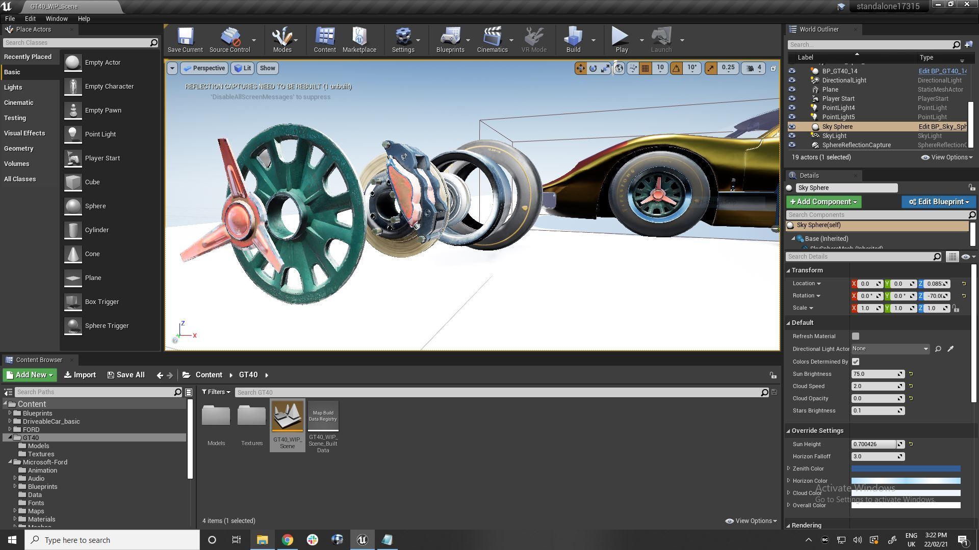 Aplicativo Ford GT40 do editor do Unreal em execução com componentes de roda dispostos em sequência