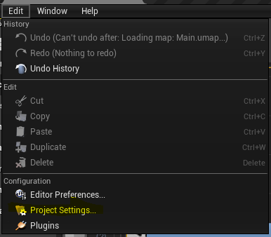 Captura de tela da lista suspensa Editar com as Configurações do Projeto realçadas