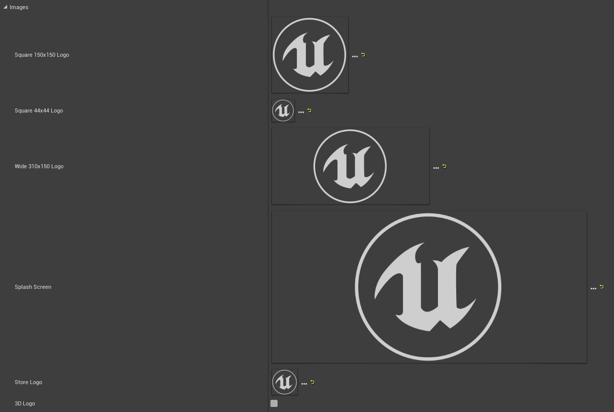 Captura de tela do editor do Unreal com a seção Imagens expandida em Configurações de Projeto