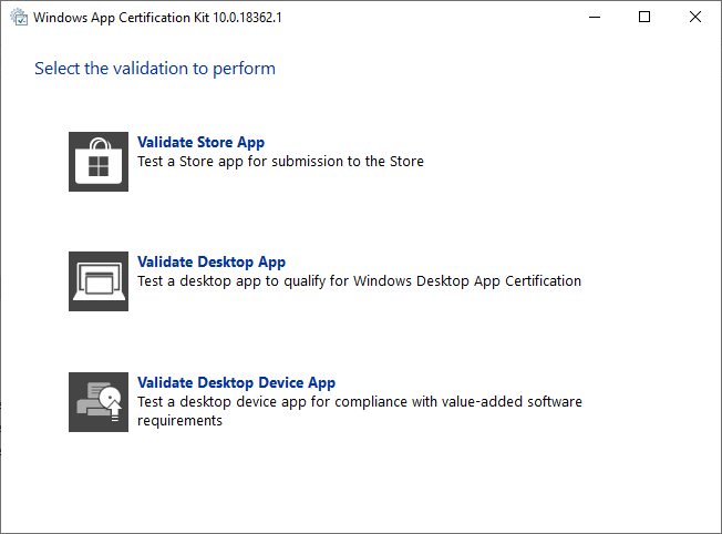 Captura de tela do aplicativo sendo selecionado para validação no Kit de Certificação de Aplicativos Windows