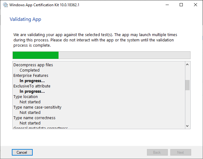 Captura de tela do progresso de validação do aplicativo no Kit de Certificação de Aplicativos Windows