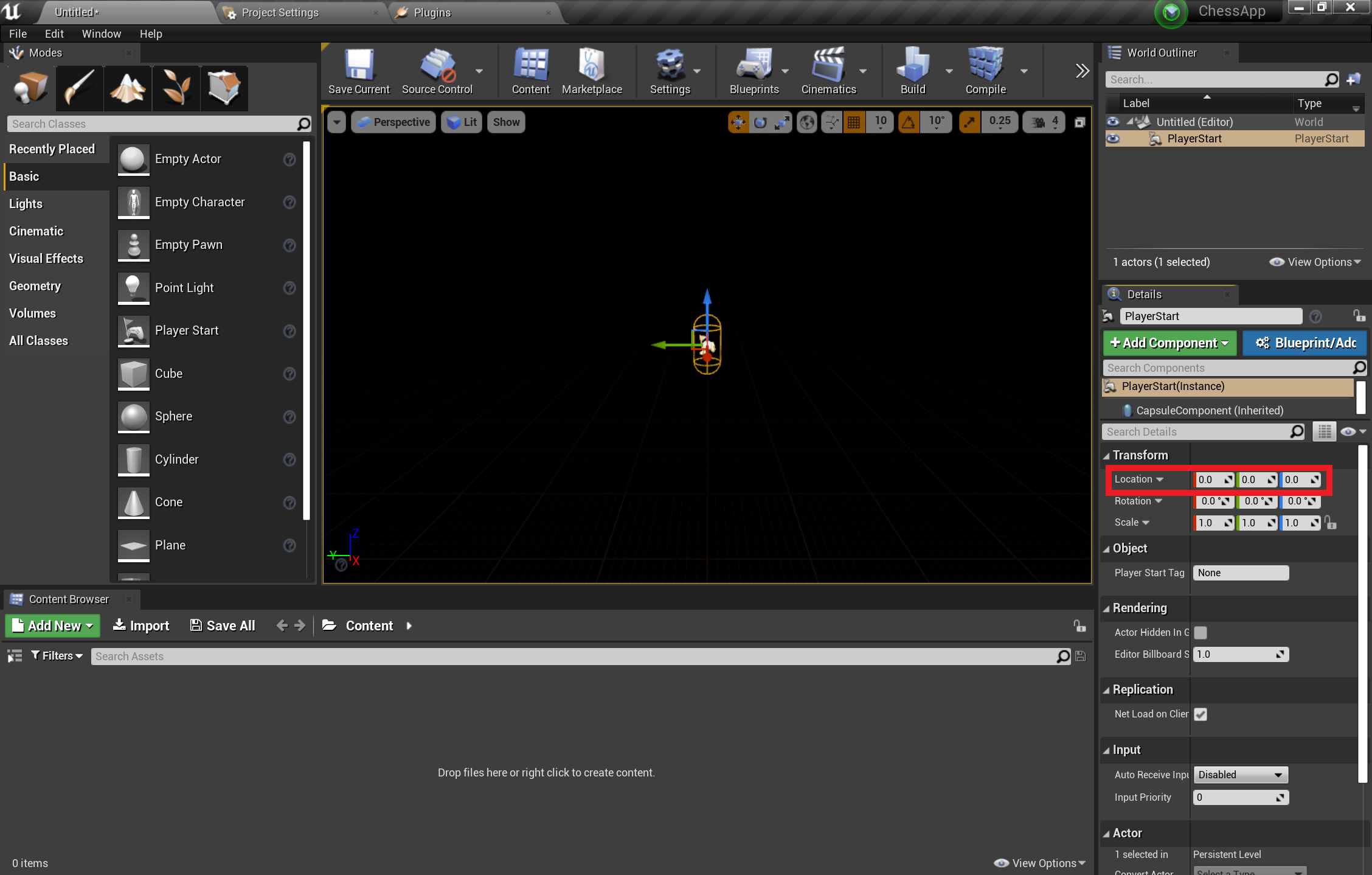A cena do editor do Unreal com a localização e o início do player adicionados