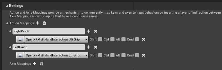 Associando as configurações de entrada com os mapeamentos de ação de pinçagem à direita e à esquerda realçados