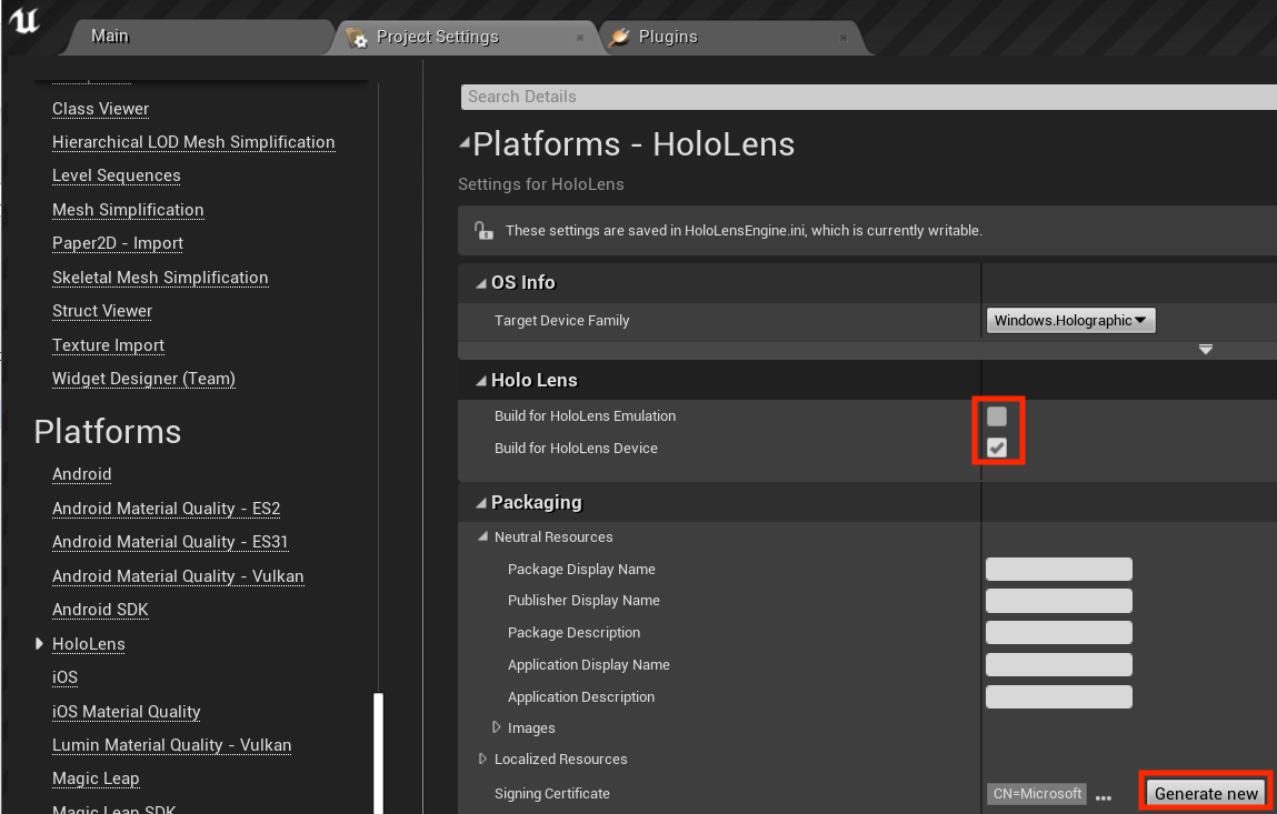 Configurações do projeto – Plataformas – HoloLens