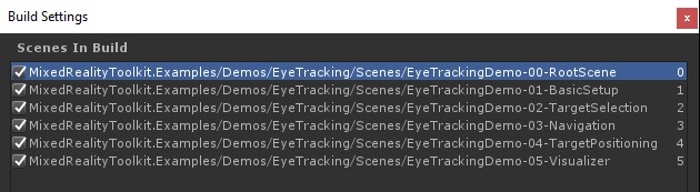 Build Settings scene menu for eye tracking samples