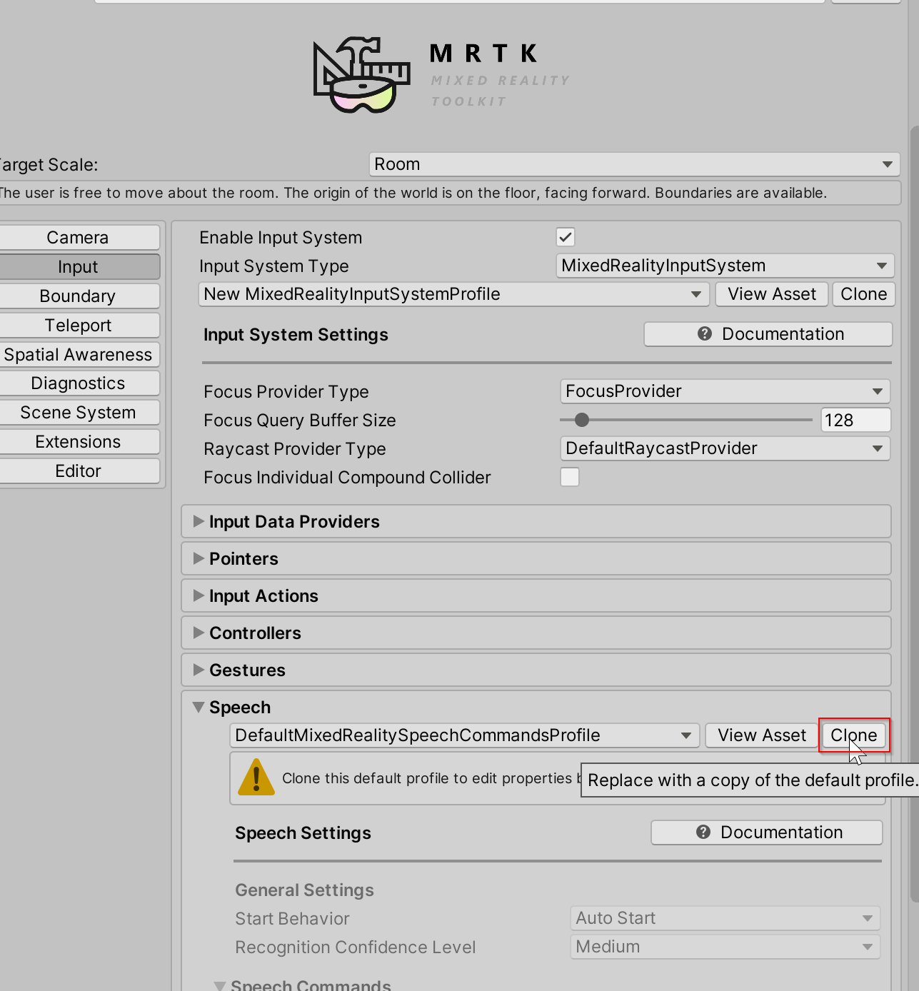 Speech keyword profile in the MRTK game object