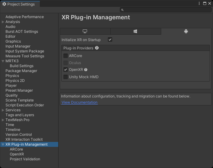 Janela Gerenciamento de Plug-in XR da Quest