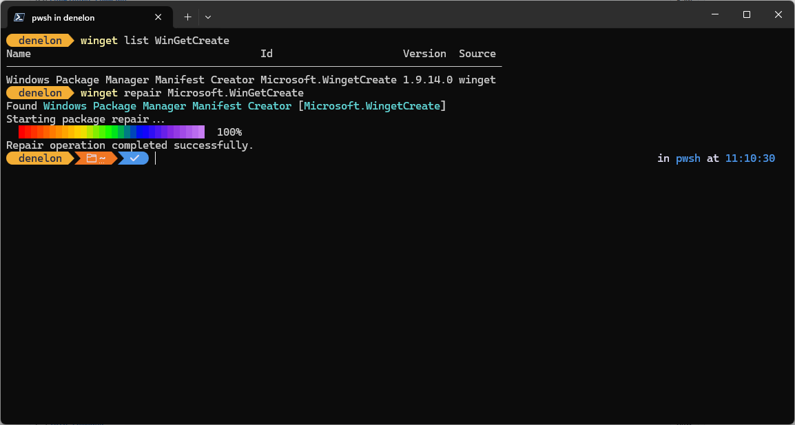 Captura de tela listando opções de comando de reparo de winget.