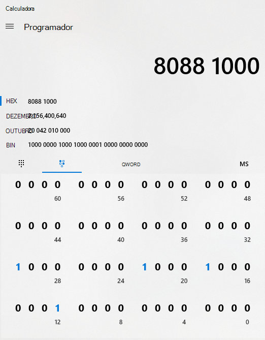Um exemplo da aplicação calculadora no modo de programador, com um código hexadecimal convertido em binário.