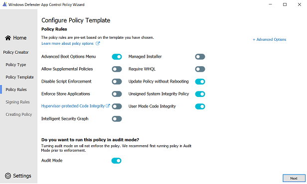 Interface do usuário de opções de regra para política de modo permitido do Windows.