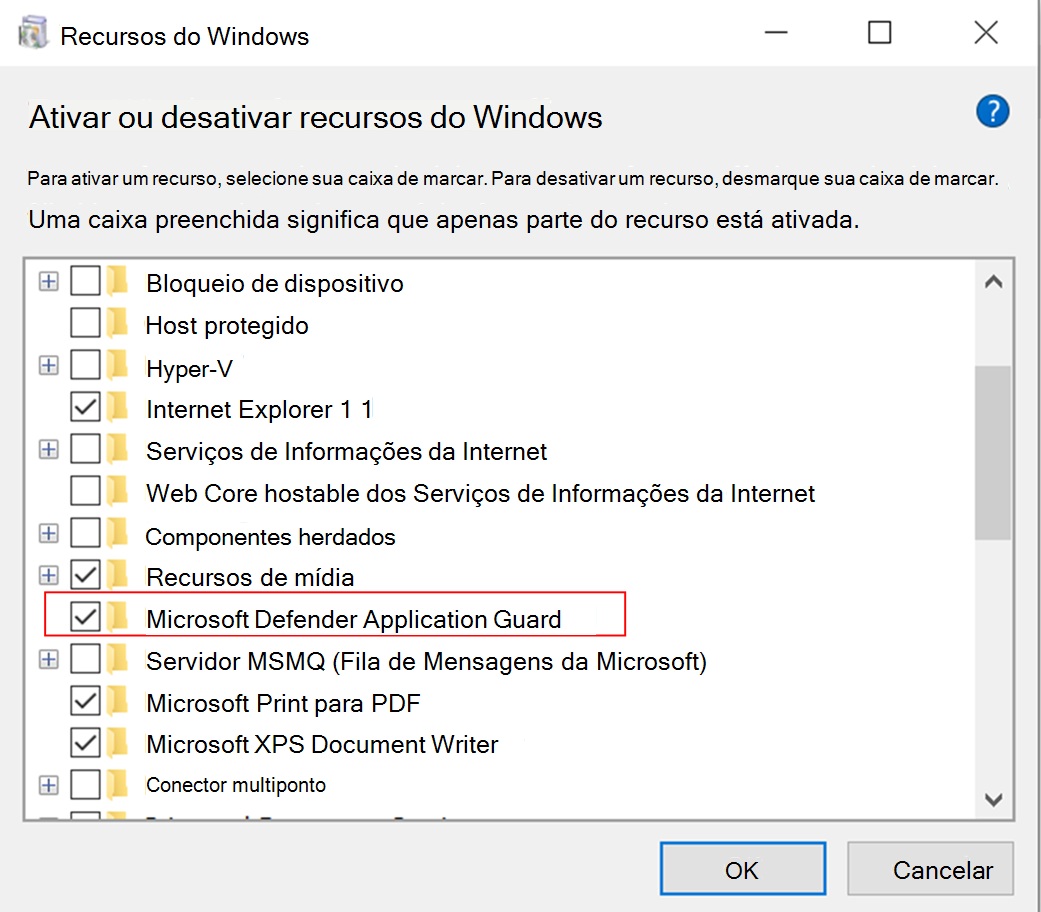 Recursos do Windows, ativando o Microsoft Defender Application Guard.