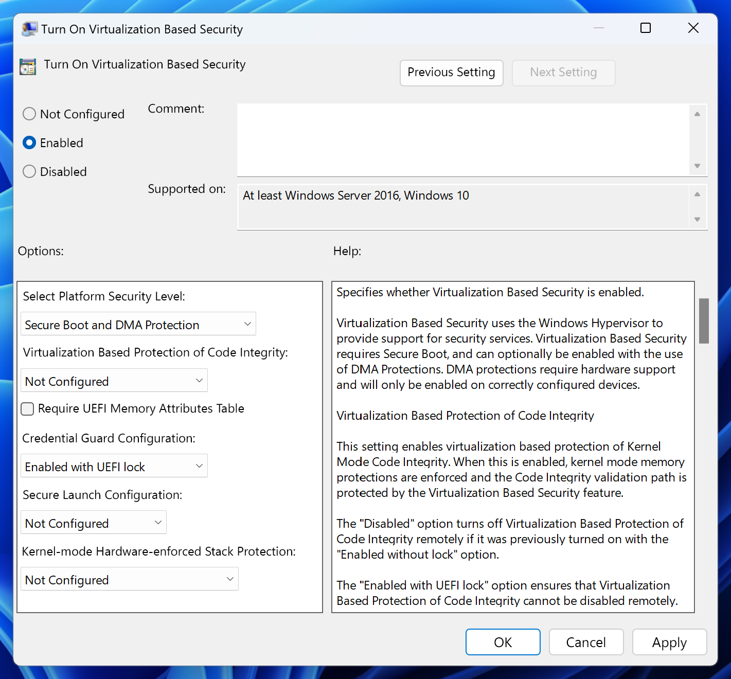 Windows Defender configuração Política de Grupo do Credential Guard.
