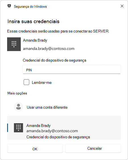 Captura de ecrã do pedido de autenticação da Ligação ao Ambiente de Trabalho Remoto com um PIN.