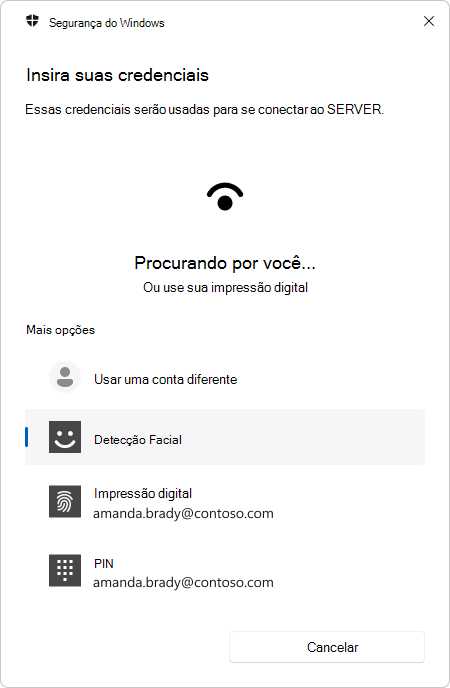 Captura de tela do prompt de autenticação de Conexão da Área de Trabalho Remota usando biometria.