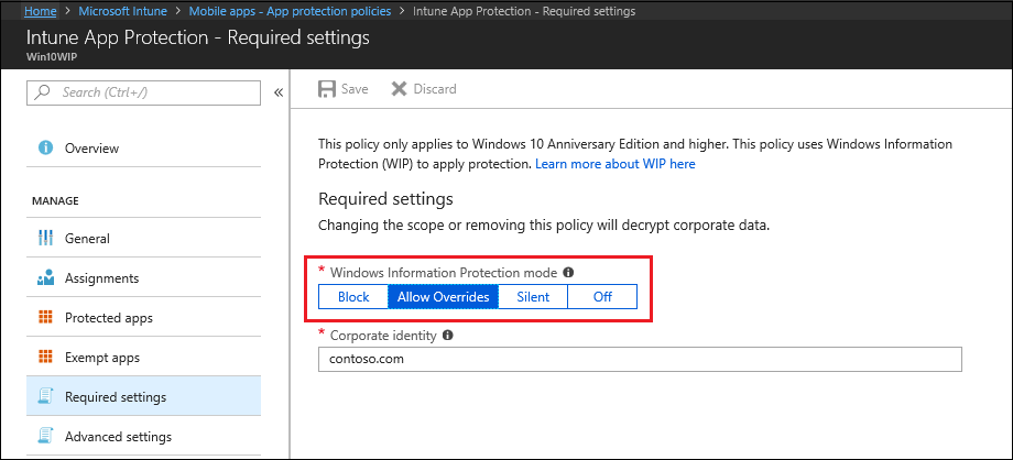 Microsoft Intune, As definições necessárias mostram o modo Windows Information Protection.