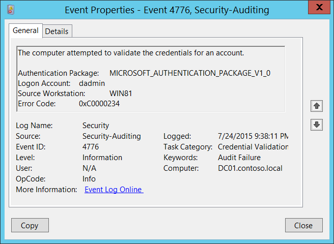 4776(S, F) O computador tentou validar as credenciais de uma conta.  (Windows 10) - Windows security | Microsoft Learn