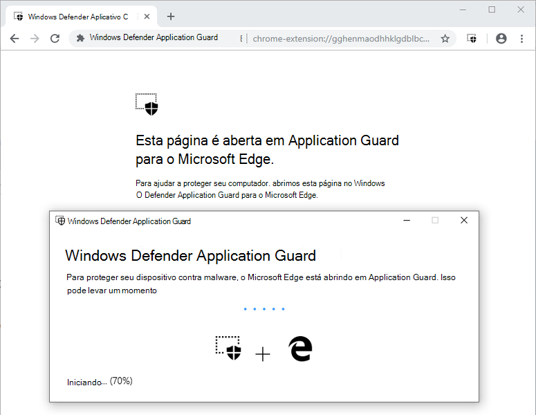 Um site não empresarial que está sendo redirecionado para um contêiner de Application Guard -- o texto exibido explica que a página está sendo aberta em Application Guard para o Microsoft Edge.