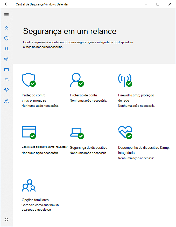 Captura de tela do Segurança do Windows mostrando que o dispositivo está protegido e cinco ícones para cada um dos recursos.
