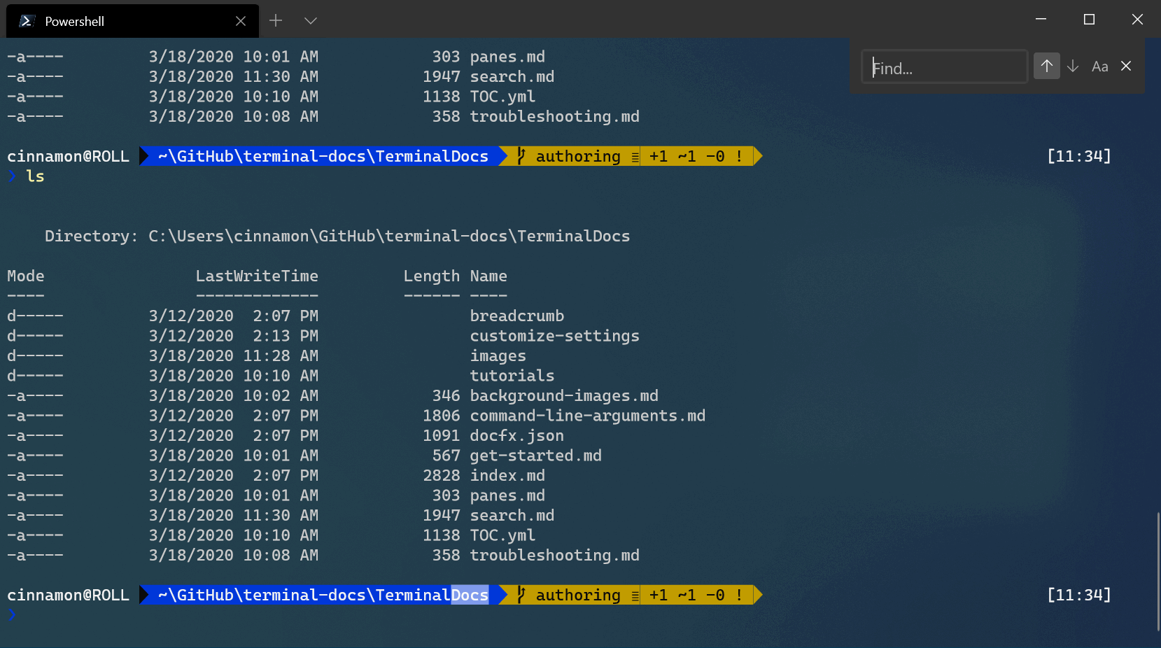 Captura de tela de pesquisa direcional do Terminal do Windows