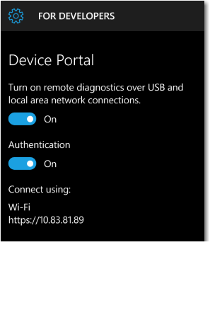 Captura de tela da página de configurações do Portal de Dispositivos de um Windows Phone.