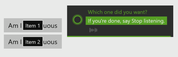 Captura de tela do modo de escuta ativa com a opção Qual você deseja exibir e os rótulos Item 1 e Item 2 nos botões.