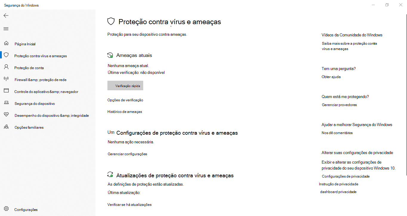 Captura de ecrã a mostrar as definições de proteção contra ameaças de & vírus no Windows 10 Enterprise LTSC 2019.