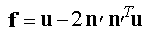 Equação mostrando o vetor de reflexão como uma função de vetor de unidade e normal atual.