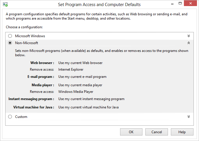 captura de tela do acesso ao programa definido e as opções padrão que não são da Microsoft