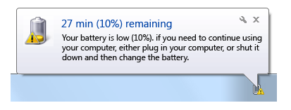captura de tela do balão de notificação indicando que a energia da bateria está baixa