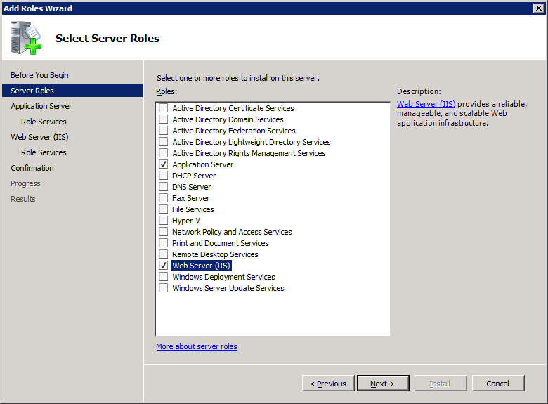 Caixa de diálogo Selecionar funções de servidor com servidor Web (iis) e funções de servidor de aplicativos selecionadas