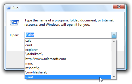 screen shot of run dialog box with drop-down list 