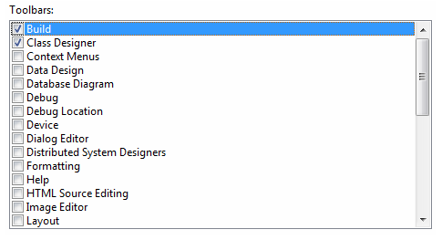 Captura de tela da lista de barras de ferramentas marcar caixa