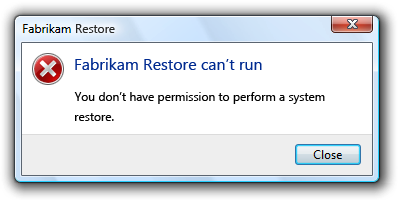 captura de tela da mensagem: a restauração fabrikam não pode ser executada 