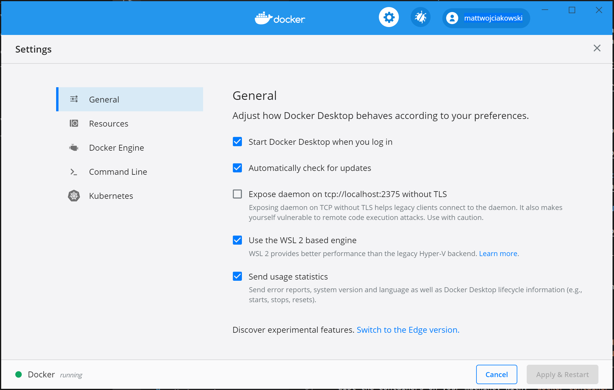 Docker Desktop general settings