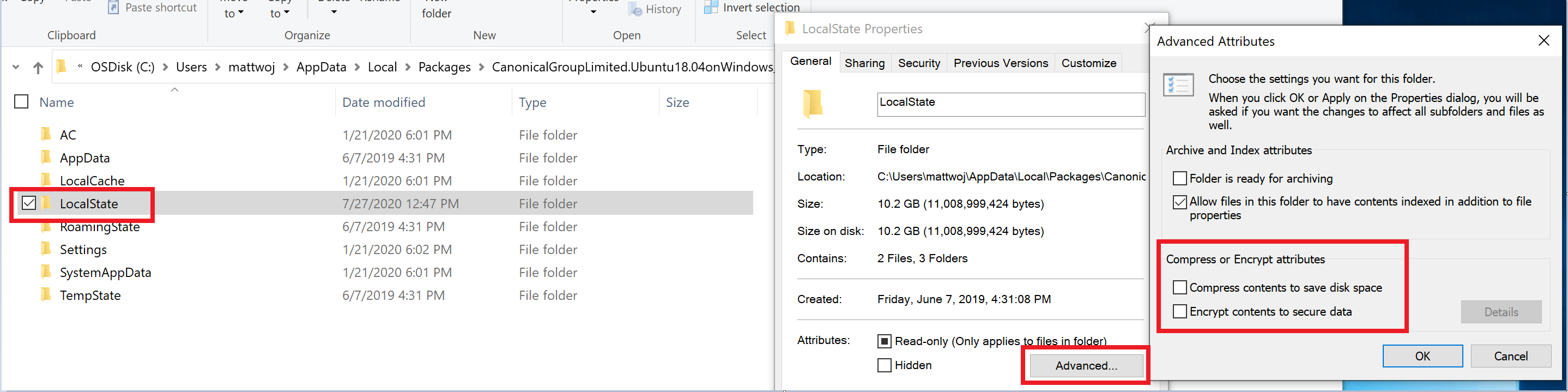 Captura de tela das configurações da propriedade de distribuição do WSL