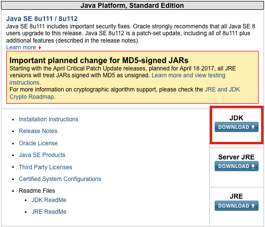 Captura de tela da página de download do JDK no site da Oracle