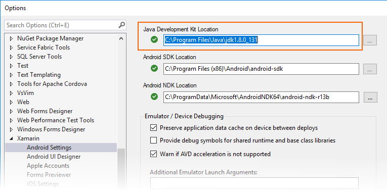 Configuração de caminho para o JDK na página Configurações do Android
