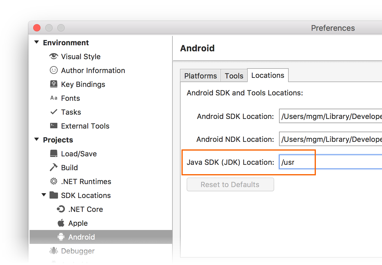 Definindo o local do JDK na guia Locais do Android