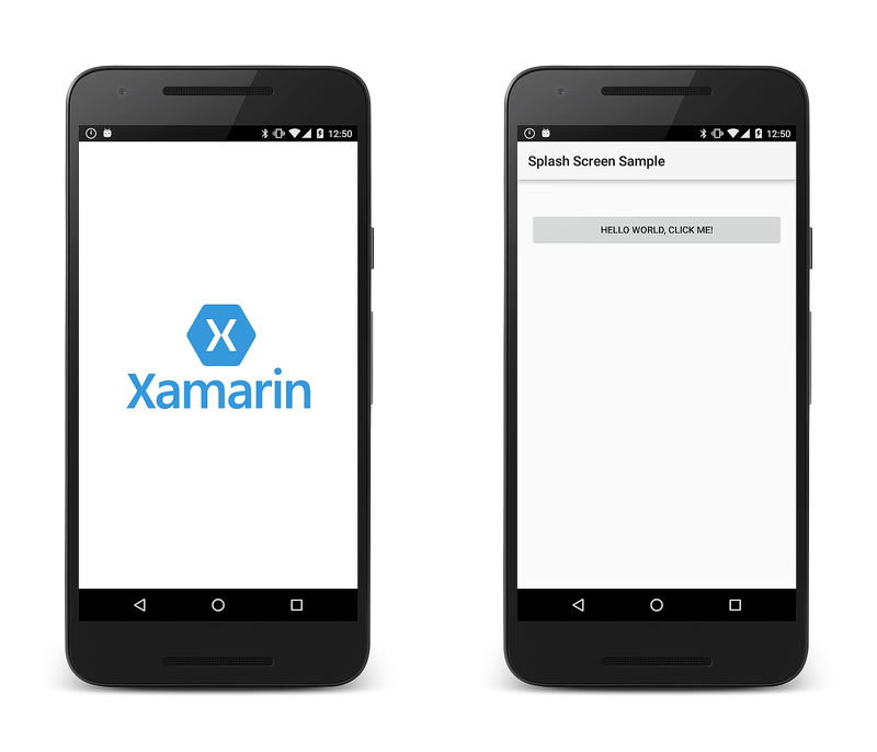 Tela inicial do logotipo do Xamarin de exemplo seguida pela tela do aplicativo