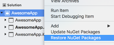 A captura de tela mostra a opção Restaurar Pacotes NuGet selecionada no menu de contexto da solução.