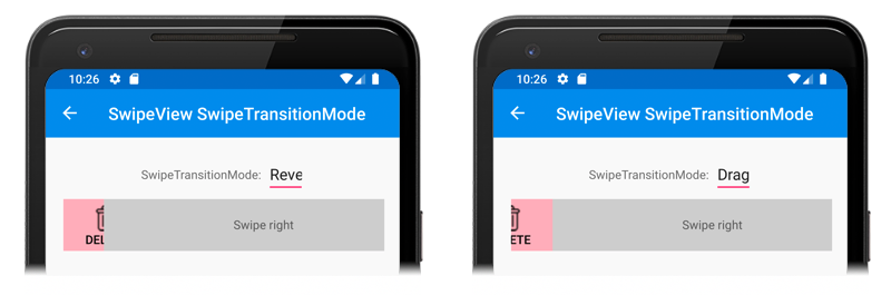Captura de tela do SwipeView SwipeTransitionModes, no Android