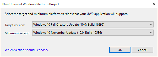 Caixa de diálogo Novo Projeto Plataforma Universal do Windows