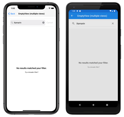 Captura de ecrã de uma lista vertical CollectionView com vista vazia personalizada, no iOS e Android