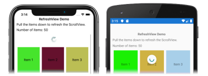 Captura de tela de um RefreshView com um círculo de progresso de téal, no iOS e no Android