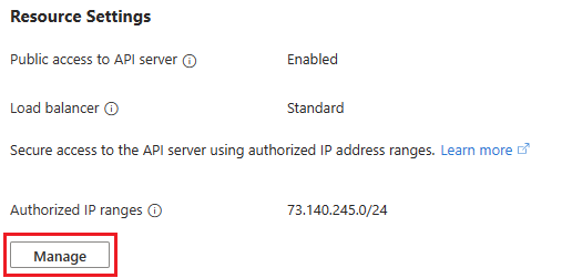 Esta captura de tela mostra as configurações de recursos do recurso de cluster na página do portal do Azure de configurações de rede.